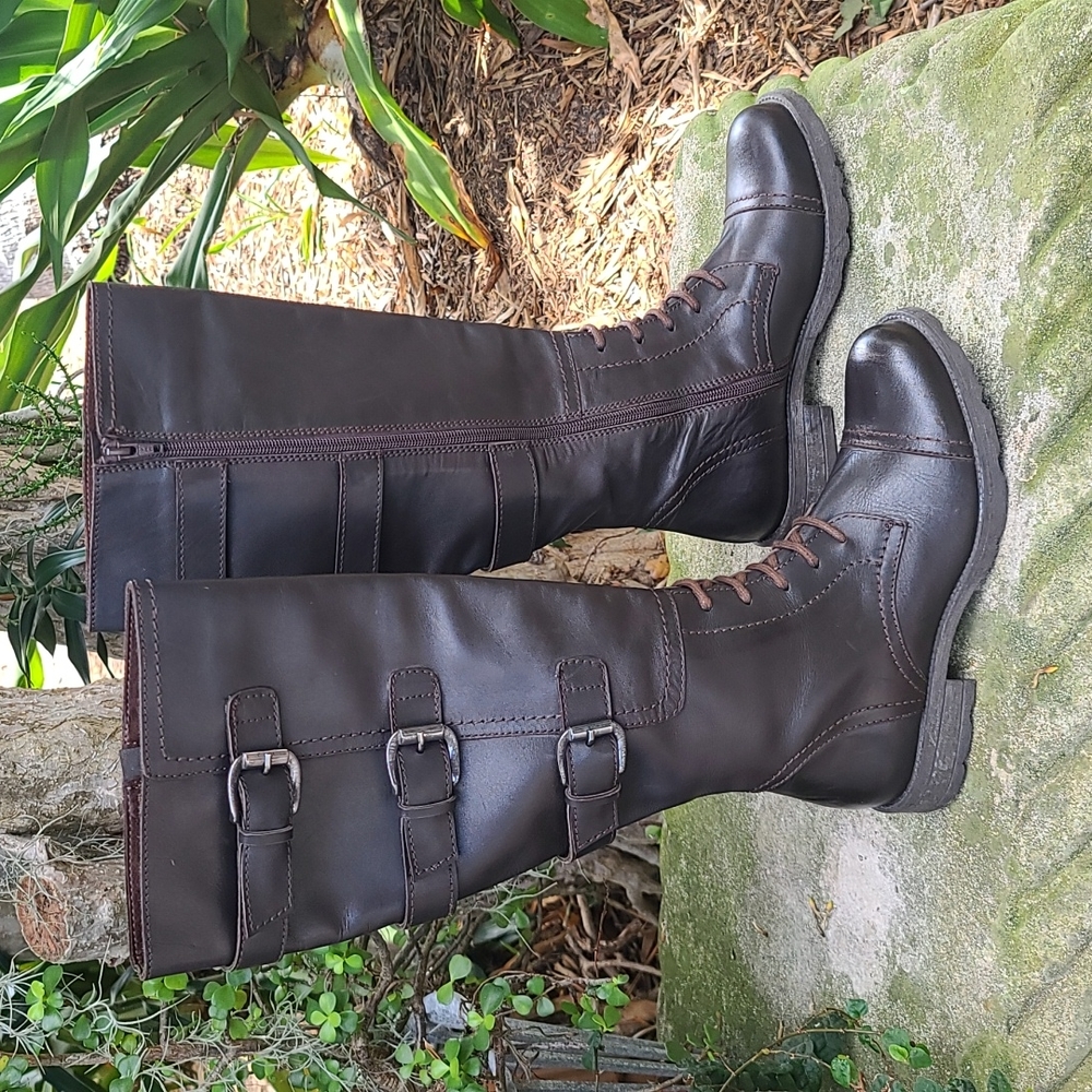 Browns Couture brown leather buckled tall riding boots. Sz 38/7. Gently worn